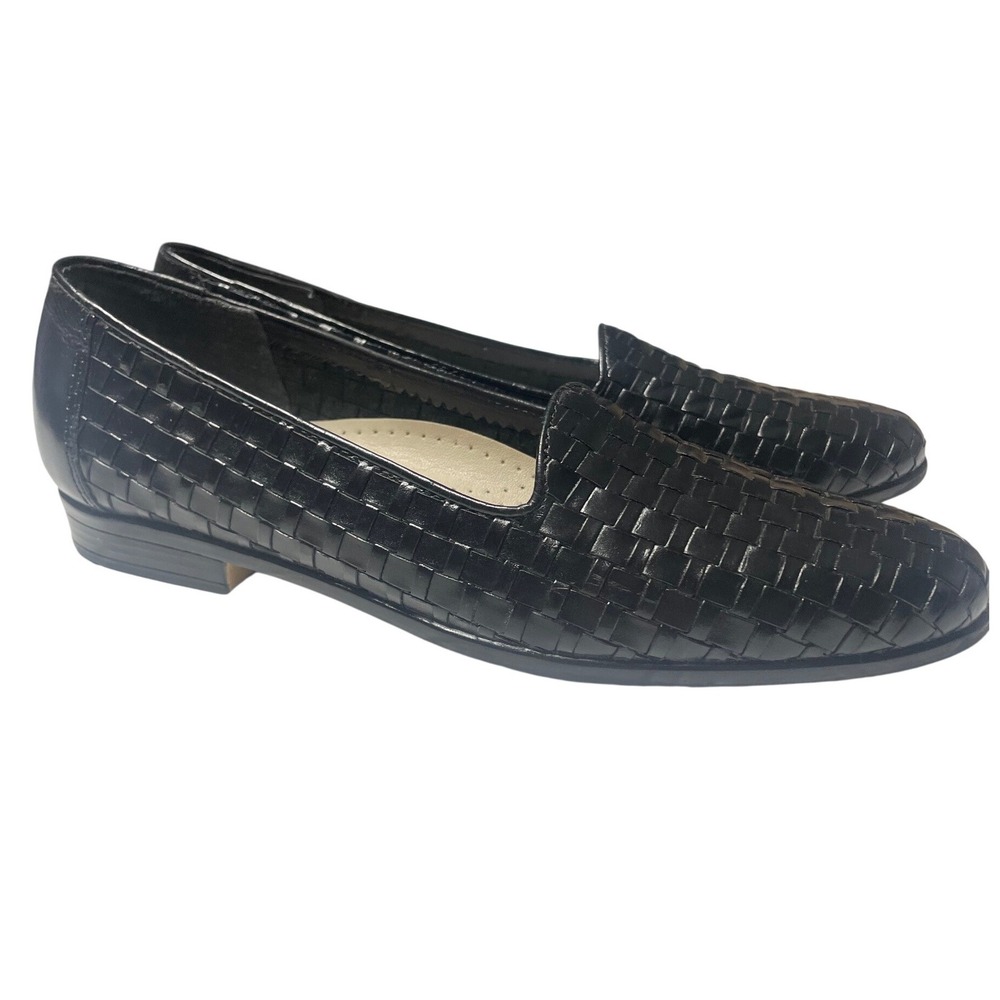 Vintage 90s Trotters Liz Black Woven Leather Loafers Women's 7.5 Narrow